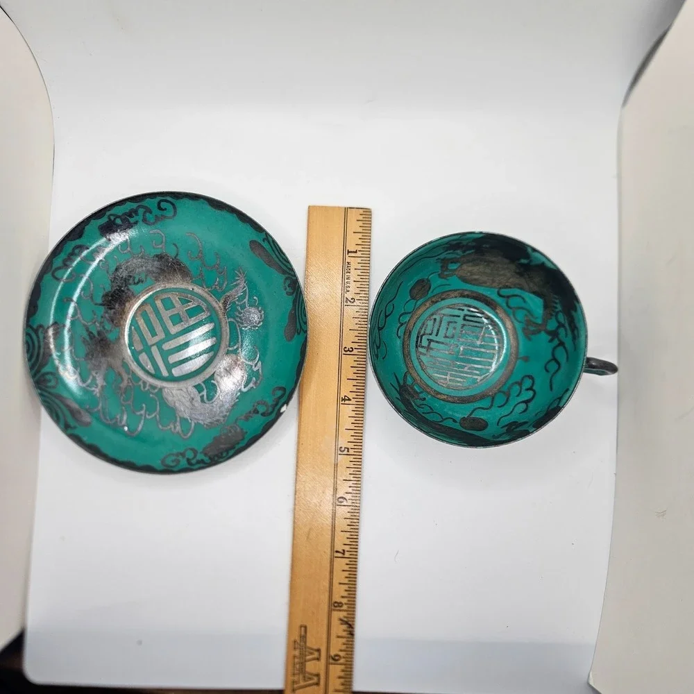Antique‎ Asian Meiji Perod Eiraku DRAGON Porcelain Tea Cup Saucer Turq Silver